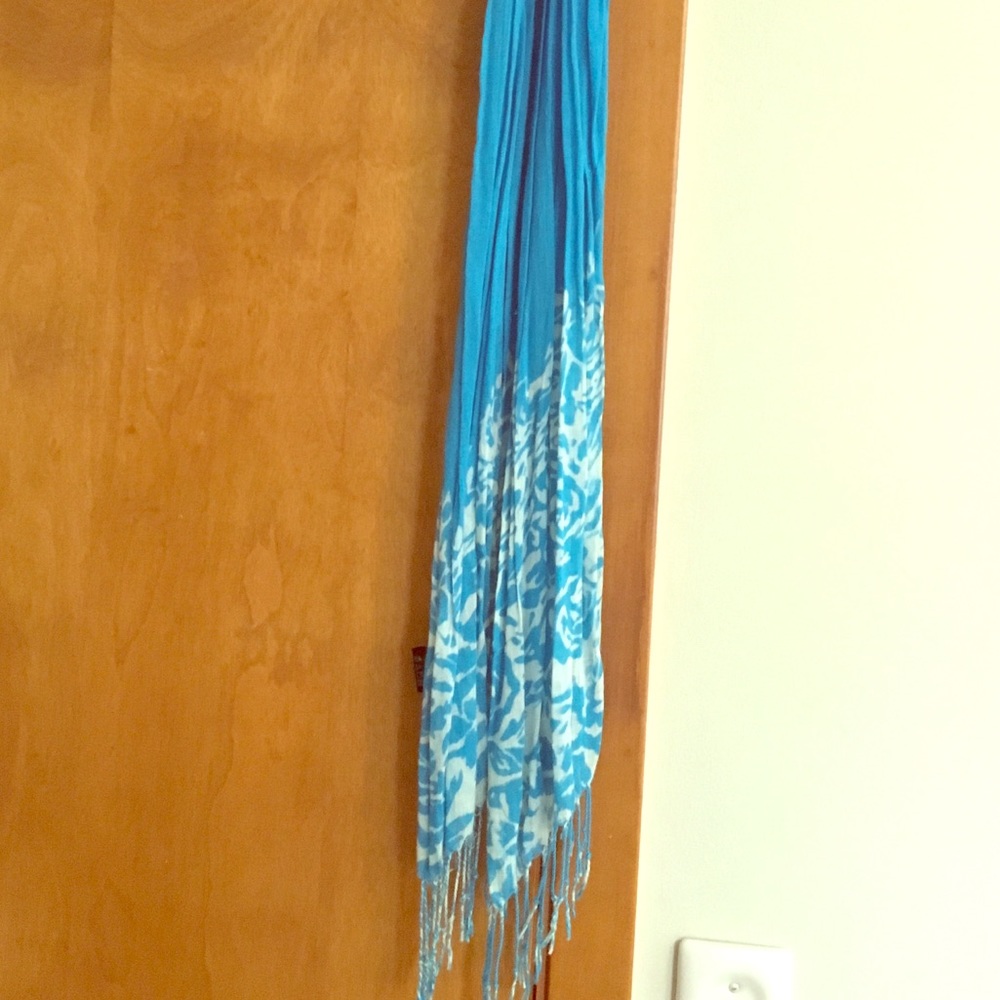 Blue Scarf with floral design & fringe at bottom